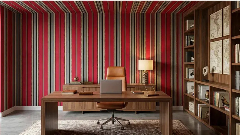 Échantillon plat du Papier Peint Rayé Rouge et Blanc Harmonie posé sur une table en bois naturel, illustrant la qualité du motif strié aux nuances de rouge profond et de blanc éclatant