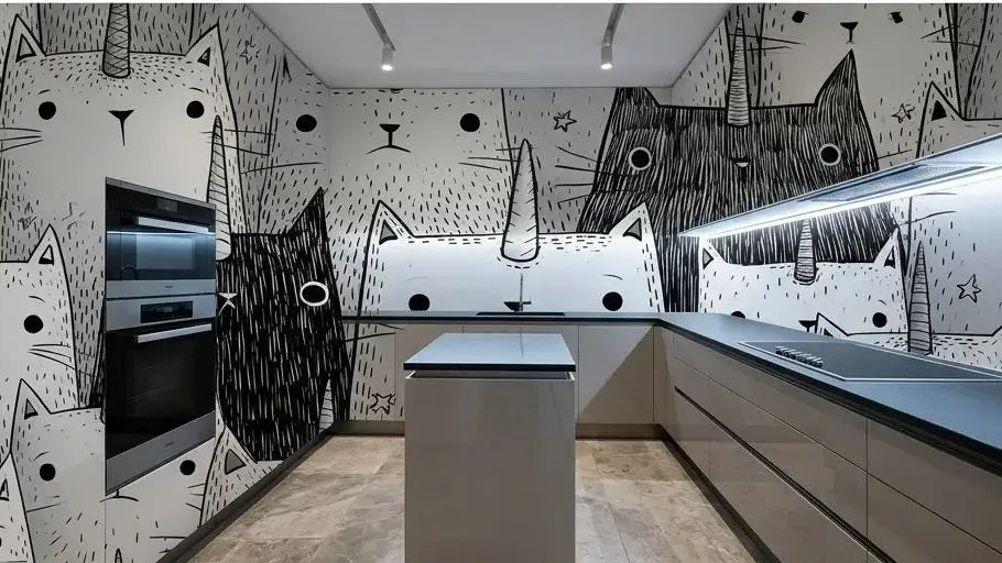 Chambre d'enfant décorée avec un papier peint chat noir et blanc aux motifs ludiques mettant en scène des chats bondissants et joueurs sur toute la surface du mur