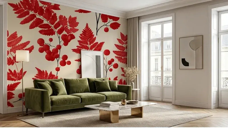 Chambre élégamment décorée avec un Papier Peint Rouge et Blanc Motif Feuillage Matisse couvrant un mur entier, créant une atmosphère artistique et chaleureuse