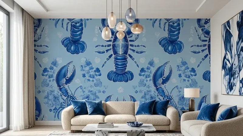 Rouleau de papier peint homard bleu avec des rayures marines classiques, imprimé de homards stylisés sur fond ivoire crémeux