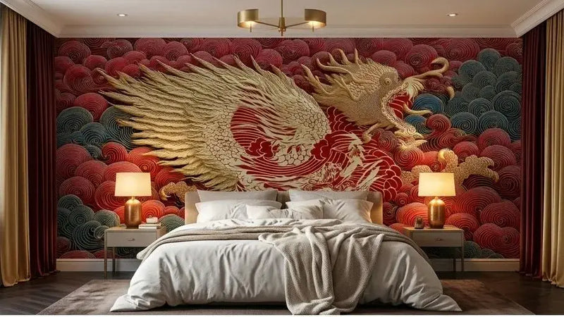 Papier Peint Dragon Japonais Rouge et Or illustrant un dragon crachant des flammes dorées sur un arrière-plan cramoisi, inspiré des estampes ukiyo-e de l'art traditionnel japonais
