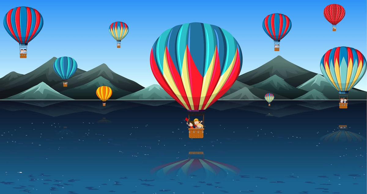 Papier peint enfant montagnes géométriques et montgolfières