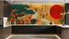 Salon luxueux décoré avec un Papier Peint Japonais Oiseaux Fond Or ornant le mur principal, créant une atmosphère zen et raffinée aux teintes chaudes