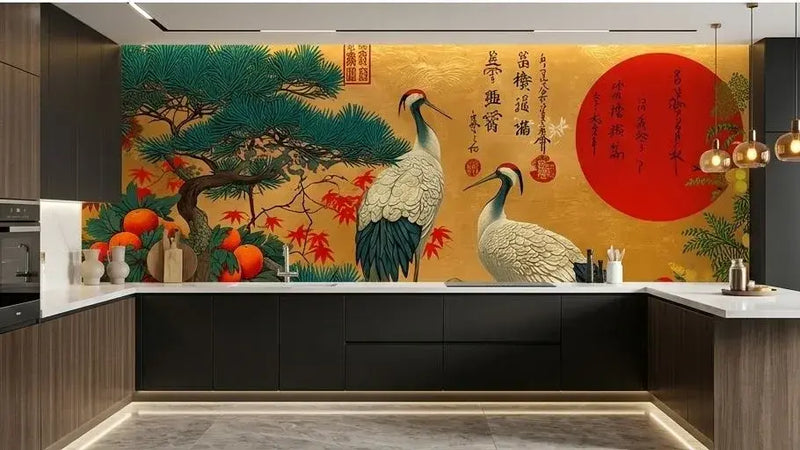Salon luxueux décoré avec un Papier Peint Japonais Oiseaux Fond Or ornant le mur principal, créant une atmosphère zen et raffinée aux teintes chaudes