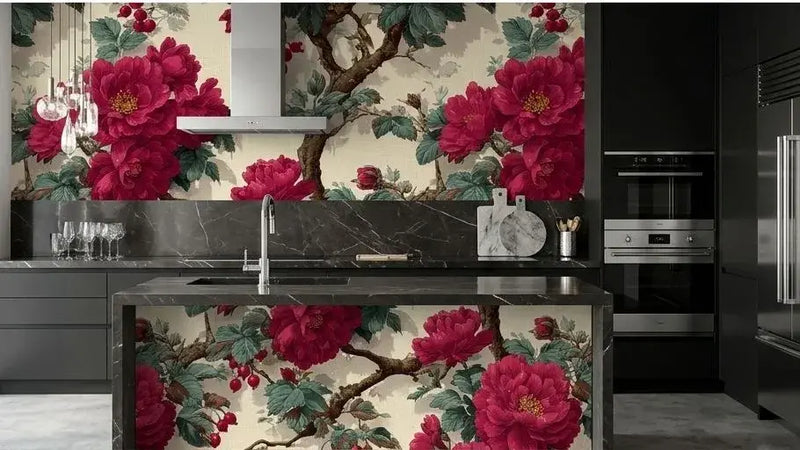 Salon classique décoré d'un Papier Peint Toile de Jouy Rouge Fleuri aux illustrations botaniques rouges évoquant le charme de la campagne française