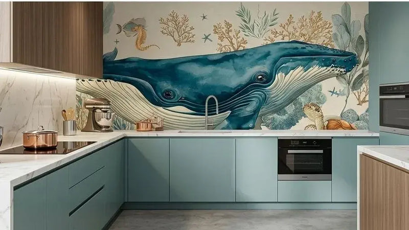 Gros plan sur un Sticker Mural Enfant Baleine et Animaux Marins Aquarelle aux détails minutieux montrant une baleine souriante accompagnée de tortues marines, étoiles de mer et bulles d'eau poétiques