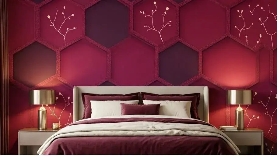 Échantillon texturé de Papier Peint Bordeaux Géométrique présentant un damier de triangles et de lignes épurées dans une palette bordeaux et or