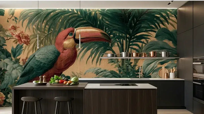 Intérieur décoré avec un Papier Peint Toucan Tapisserie Jungle Ancienne aux teintes dorées et vertes profondes évoquant une forêt tropicale mystérieuse et une atmosphère rétro raffinée