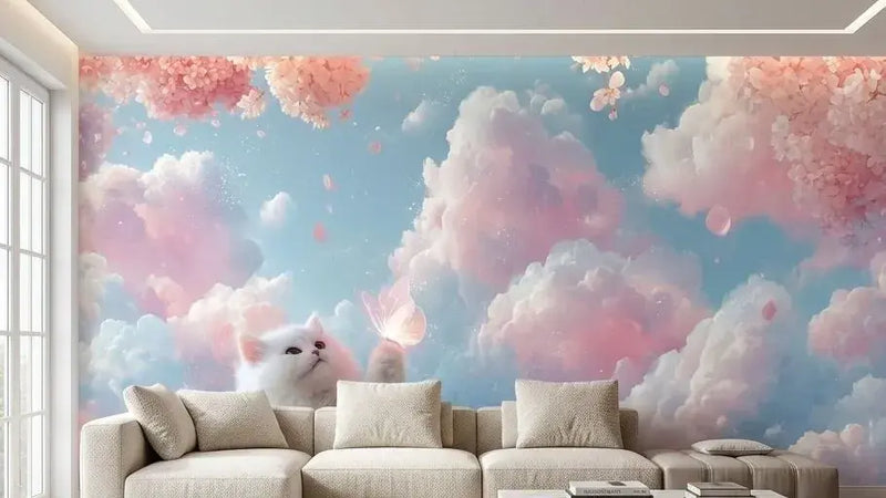 Illustration poétique d'un Papier Peint Chat et Papillon sous les Cerisiers représentant un félin curieux aux yeux expressifs observant un papillon délicat parmi des branches chargées de fleurs roses