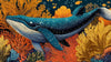 Papier Peint Baleine Illustration Sous Marine Corail représentant une majestueuse baleine bleue nageant gracieusement parmi des coraux colorés aux teintes orangées et roses dans un univers océanique profond