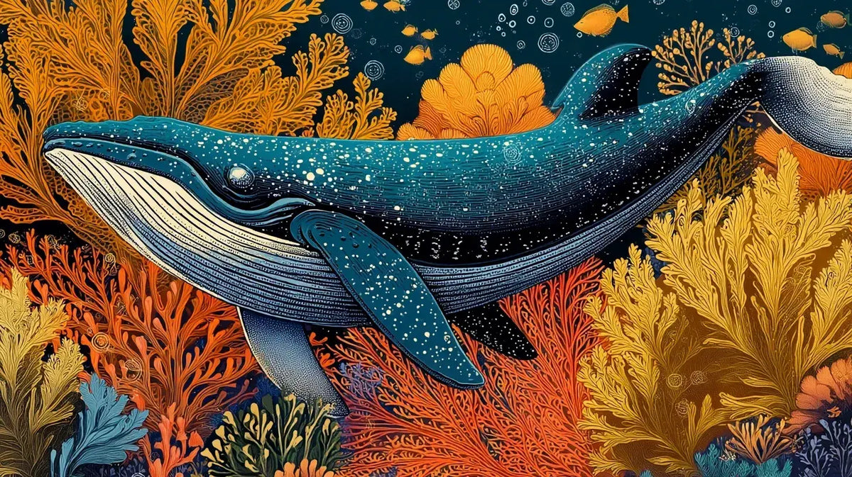 Papier Peint Baleine Illustration Sous Marine Corail représentant une majestueuse baleine bleue nageant gracieusement parmi des coraux colorés aux teintes orangées et roses dans un univers océanique profond