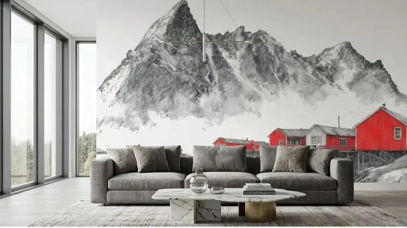 Vue panoramique d'un Papier Peint Rouge Fjords de Norvège avec des teintes rouges intenses illuminant des paysages nordiques sauvages et enneigés