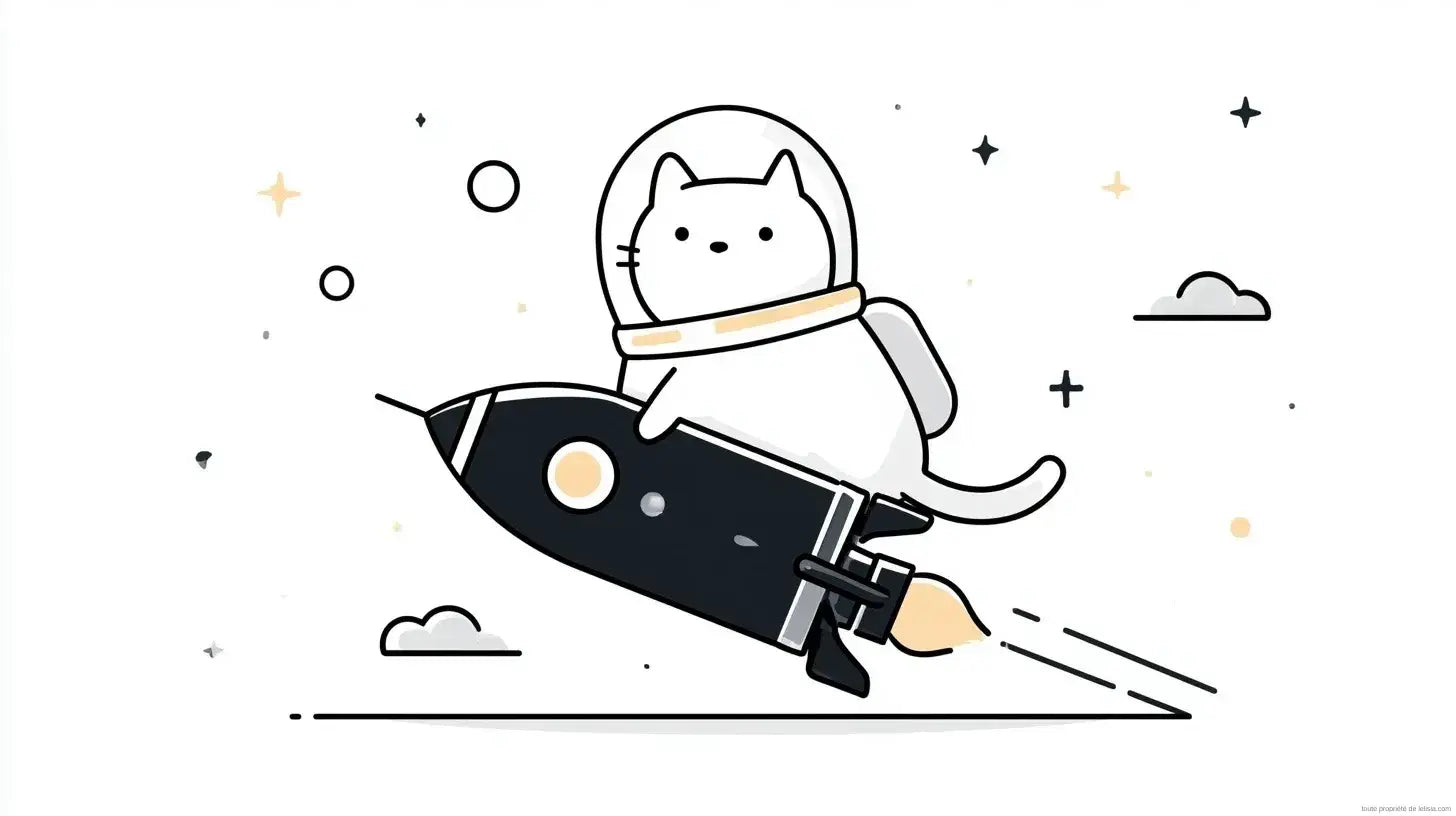 Papier peint chat astronaute et fusée dans l'espace représentant un adorable félin en combinaison spatiale flottant parmi les étoiles et les planètes colorées