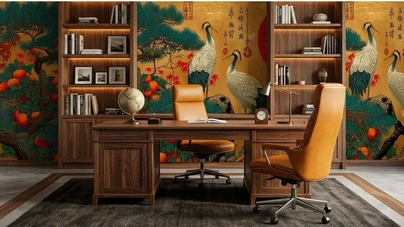 Chambre à coucher épurée mise en valeur par un Papier Peint Japonais Oiseaux Fond Or aux motifs orientaux délicats, alliant élégance japonaise et modernité contemporaine
