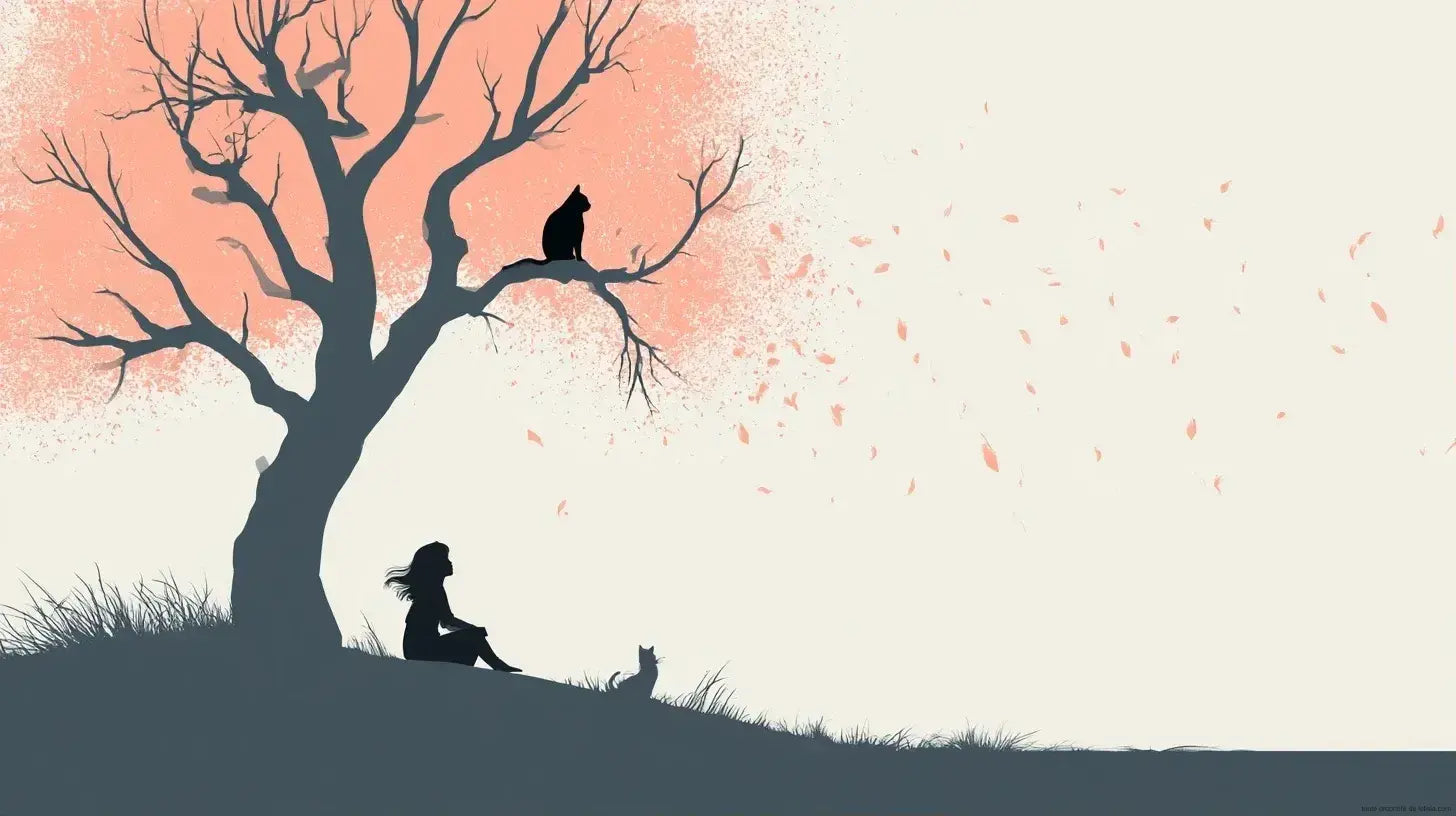 Papier peint chambre enfant chat et arbre illustrant un adorable félin roux grimpant sur les branches d'un grand arbre aux feuilles colorées, décoration murale douce et poétique pour chambre d'enfant