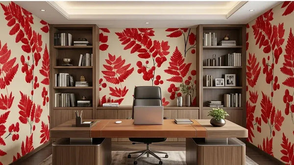 Échantillon plat de Papier Peint Rouge et Blanc Motif Feuillage Matisse photographié en lumière naturelle, illustrant la richesse du coloris rouge vif et la précision du motif végétal