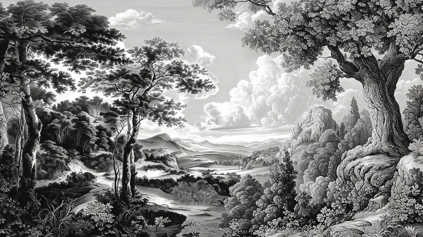 Papier peint panoramique forêt ancienne noir et blanc représentant de grands arbres centenaires aux troncs noueux se dressant dans une brume mystérieuse