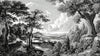 Papier peint panoramique forêt ancienne noir et blanc représentant de grands arbres centenaires aux troncs noueux se dressant dans une brume mystérieuse