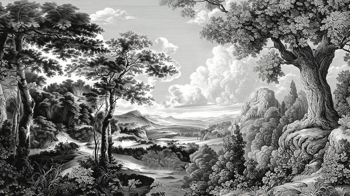 Papier peint panoramique forêt ancienne noir et blanc représentant de grands arbres centenaires aux troncs noueux se dressant dans une brume mystérieuse