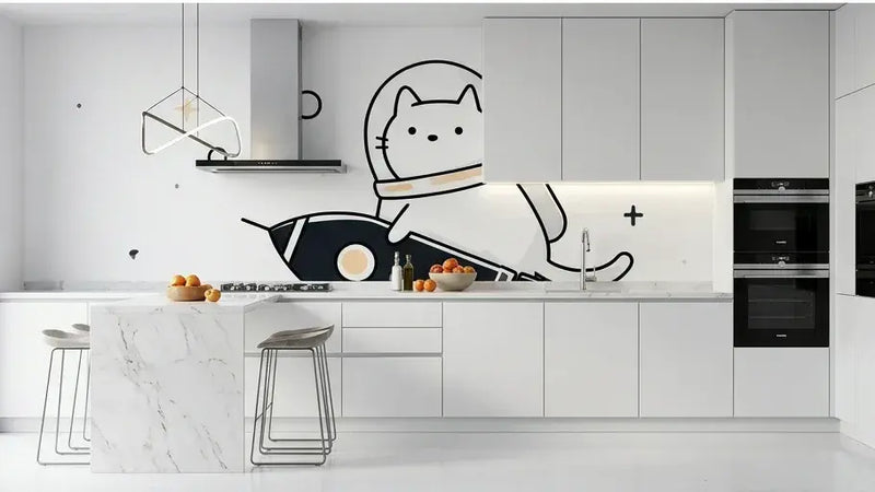Papier peint chat astronaute et fusée dans l'espace aux teintes bleu nuit et dorées montrant un chat espiègle en scaphandre entouré de météorites et de constellations brillantes