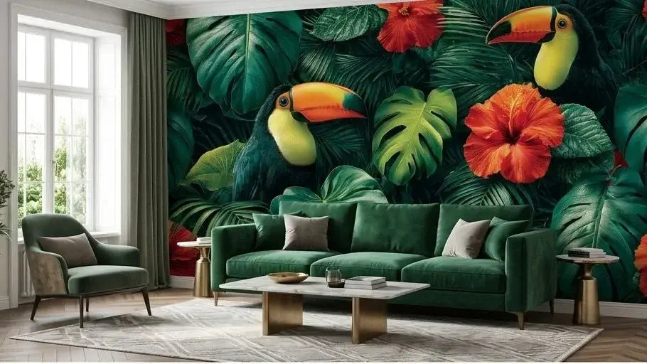 Gros plan d'un Papier Peint Toucan dans la Jungle Tropicale illustrant un toucan au bec orange vif se détachant sur un fond de végétation tropicale dense et mystérieuse