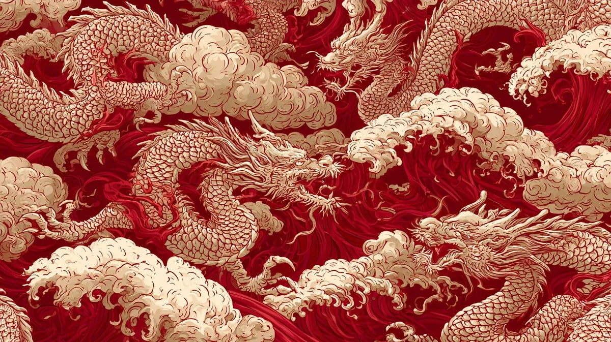 Papier Peint Japonais Dragon Rouge et Or aux écailles brillantes se déployant sur un fond noir lacqué, avec des nuages dorés tourbillonnants et des flammes écarlates évoquant la puissance mystique de l'orient