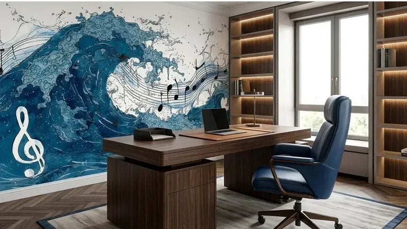 Vue panoramique du Papier Peint Musique Aquarelle Vague de Notes Bleues déployé sur un mur entier, créant une vague harmonieuse de notes musicales aux reflets bleu océan