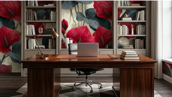 Chambre contemporaine habillée d'un Papier Peint Rouge Fleurs d Anthurium Gris créant une ambiance tropicale chic et raffinée