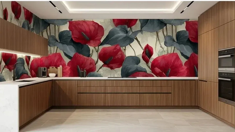Salon moderne décoré d'un Papier Peint Rouge Fleurs d Anthurium Gris aux motifs floraux luxuriants et aux teintes ardoise profondes