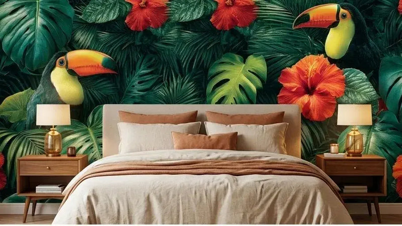 Vue panoramique d'un Papier Peint Toucan dans la Jungle Tropicale représentant plusieurs toucans colorés nichés parmi des fougères géantes et des fleurs tropicales épanouies