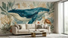 Décoration murale pour chambre d'enfant avec Sticker Mural Enfant Baleine et Animaux Marins Aquarelle illustrant une scène sous-marine enchantée aux teintes turquoise, rose et corail aux contours aquarellés