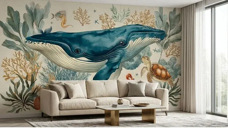 Décoration murale pour chambre d'enfant avec Sticker Mural Enfant Baleine et Animaux Marins Aquarelle illustrant une scène sous-marine enchantée aux teintes turquoise, rose et corail aux contours aquarellés