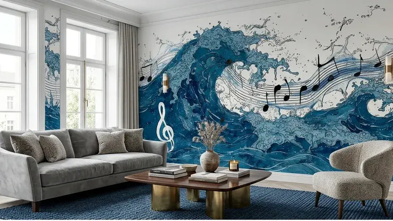 Gros plan sur le Papier Peint Musique Aquarelle Vague de Notes Bleues avec des portées musicales délicatement peintes à l'aquarelle en dégradés de bleu azur et de turquoise