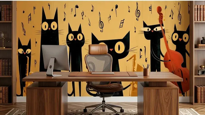 Papier Peint Chat Orchestre de Jazz Jaune et Noir posé sur un mur de salon moderne avec des motifs de chats en silhouette jouant du jazz dans une palette de noir profond et jaune éclatant