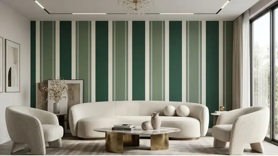 Gros plan texturé d'un papier peint rayures vert sauge et crème aux lignes fines et régulières évoquant une décoration intérieure raffinée