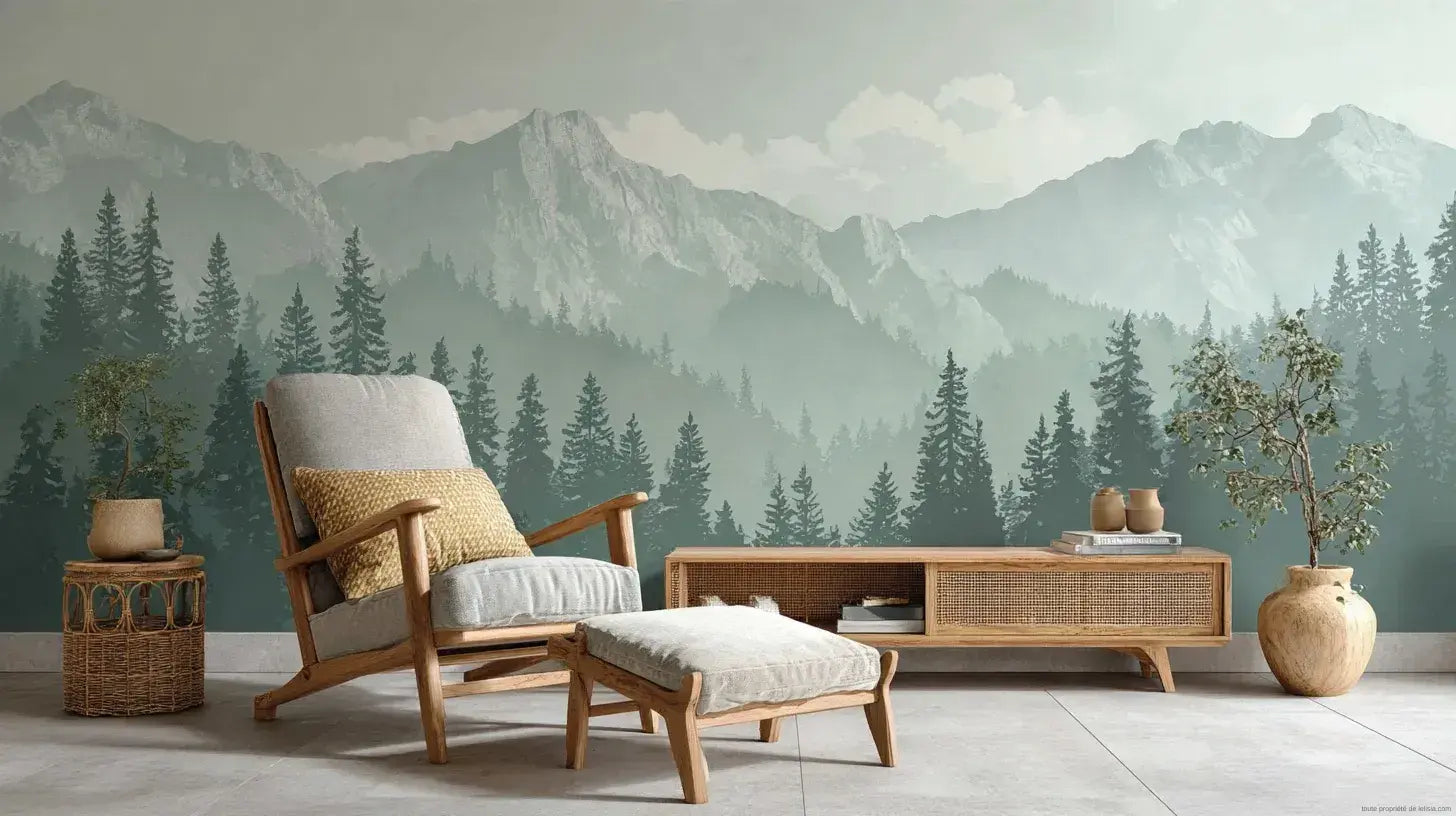 Papier Peint Panoramique Montagne Brume Vert dépeignant des sommets majestueux enveloppés d'une brume émeraude douce et mystérieuse sur un grand mur de salon moderne