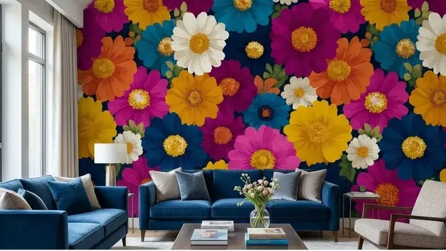 Gros plan texturé sur un Papier Peint Vintage Fleuri aux Tons Multicolores ornant une chambre cosy, avec des fleurs épanouies en bleu cobalt, jaune miel et bordeaux profond