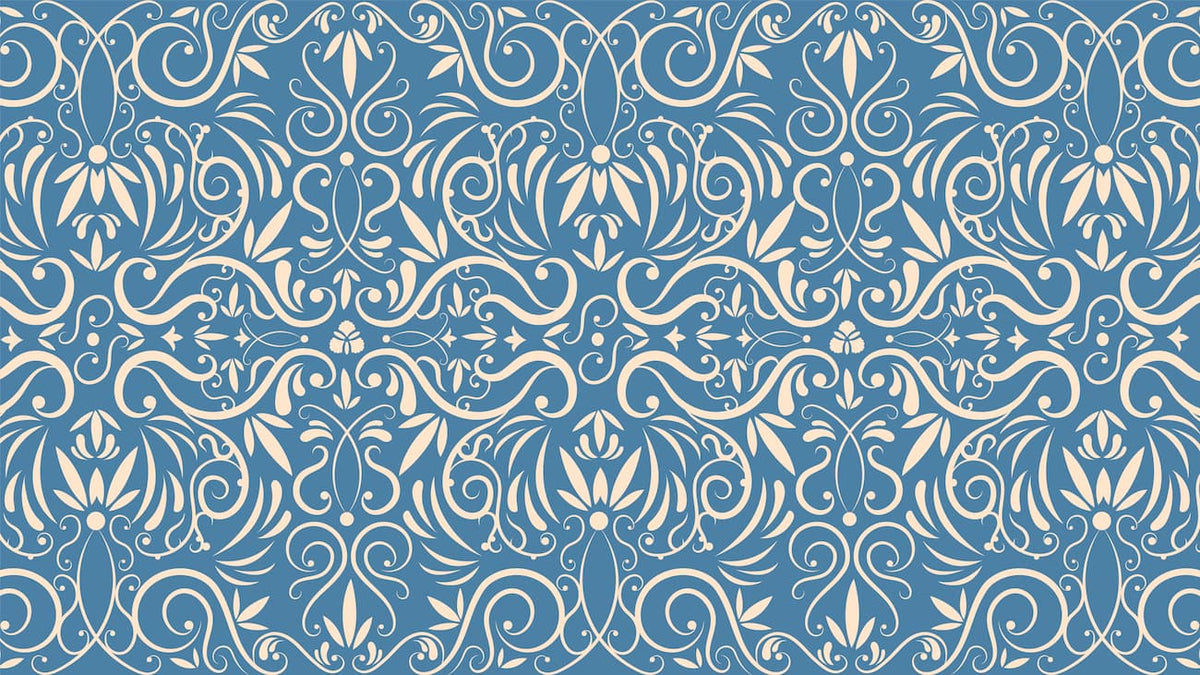 Papier peint baroque motif treillis bleu et blanc