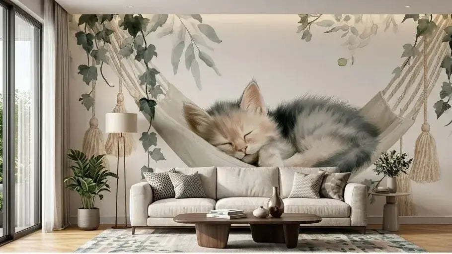 Illustration murale de papier peint chat mignon dormant dans un hamac avec un petit chaton tigré aux pattes repliées reposant paisiblement dans un hamac en coton tressé aux tons pastel