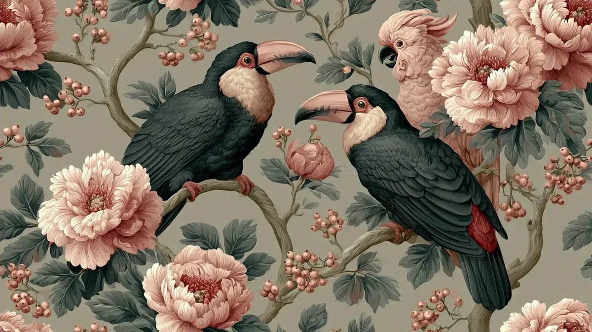 Papier Peint Toucan Chinoiserie Rose Poudré ornant un mur de salon élégant avec des motifs botaniques délicats de fleurs roses pastel et de feuillages exotiques dorés