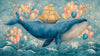 Papier Peint Baleine Enfant Aquarelle Bleue représentant une majestueuse baleine aux teintes bleues et turquoise peinte à l'aquarelle, idéal pour décorer la chambre d'un enfant avec douceur et poésie