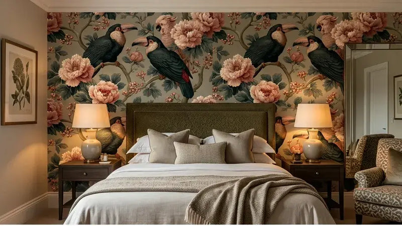 Rouleau déroulé de Papier Peint Toucan Chinoiserie Rose Poudré montrant la répétition harmonieuse des motifs de toucans exotiques, papillons et pivoines sur fond ivoire
