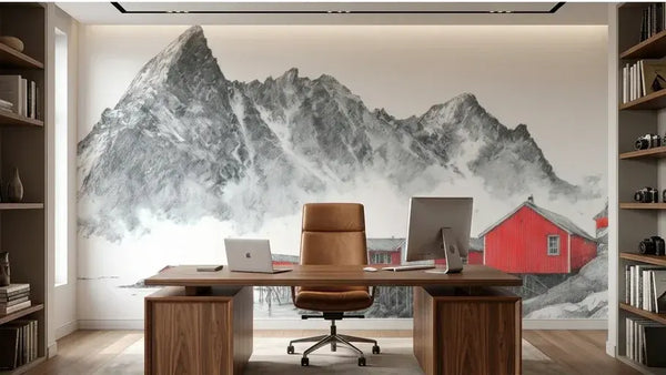 Intérieur moderne orné d'un Papier Peint Rouge Fjords de Norvège aux couleurs profondes alliant rouge sang, bordeaux et reflets dorés sur fond de montagnes nordiques