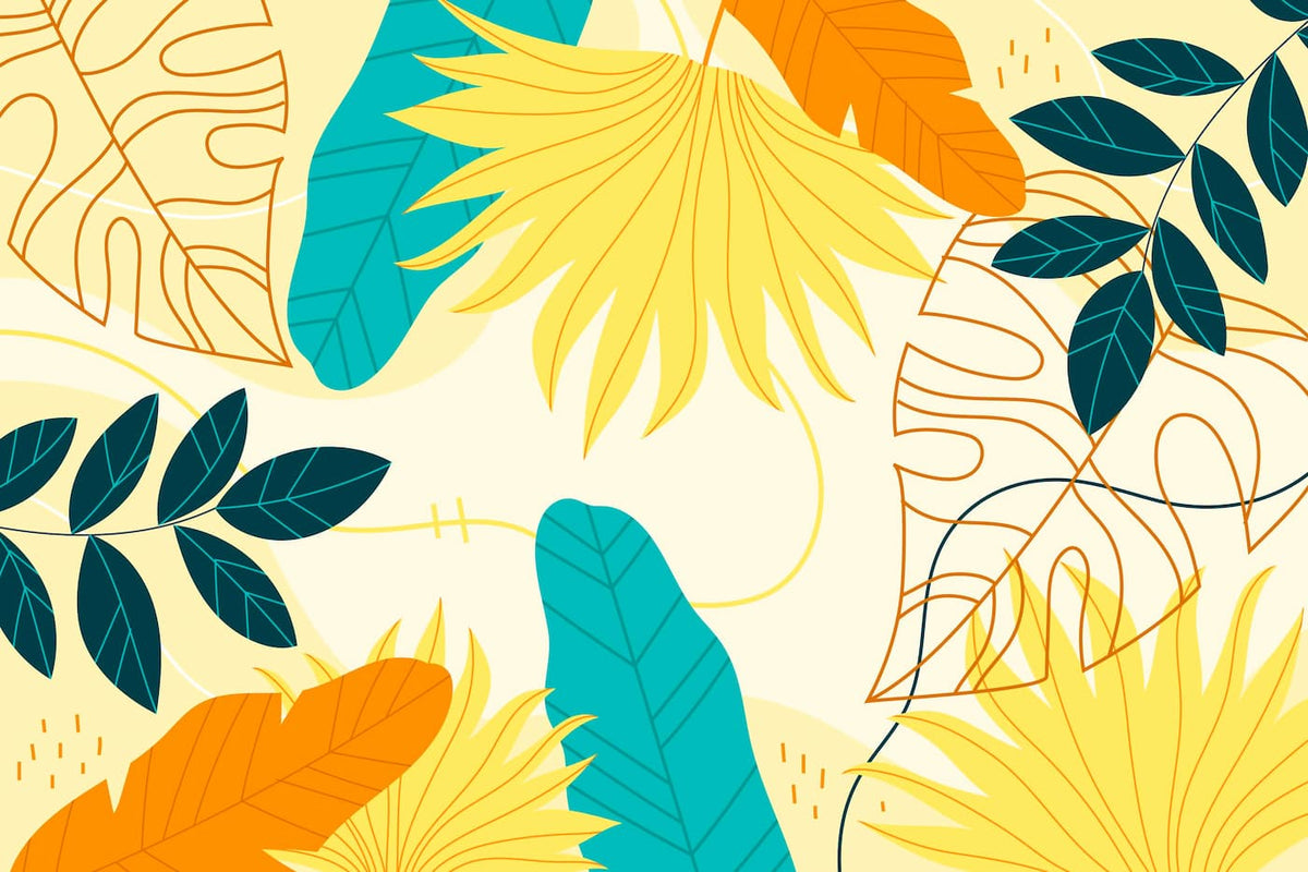 Papier peint feuillage tropical bleu, jaune et blanc