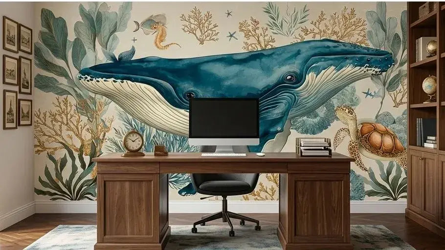 Vue d'ensemble d'un Sticker Mural Enfant Baleine et Animaux Marins Aquarelle décorant la tête de lit d'un enfant, avec ses personnages marins expressifs aux couleurs délicates évoquant l'univers de l'océan