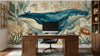 Vue d'ensemble d'un Sticker Mural Enfant Baleine et Animaux Marins Aquarelle décorant la tête de lit d'un enfant, avec ses personnages marins expressifs aux couleurs délicates évoquant l'univers de l'océan