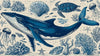 Papier Peint Baleine Bleue Abysses et Vie Marine représentant une majestueuse baleine bleue plongeant dans les profondeurs obscures de l'océan, entourée de méduses lumineuses et de coraux fluorescents aux teintes turquoise et indigo