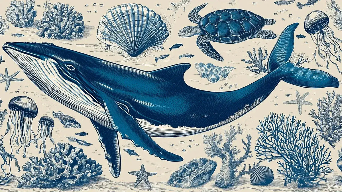 Papier Peint Baleine Bleue Abysses et Vie Marine représentant une majestueuse baleine bleue plongeant dans les profondeurs obscures de l'océan, entourée de méduses lumineuses et de coraux fluorescents aux teintes turquoise et indigo