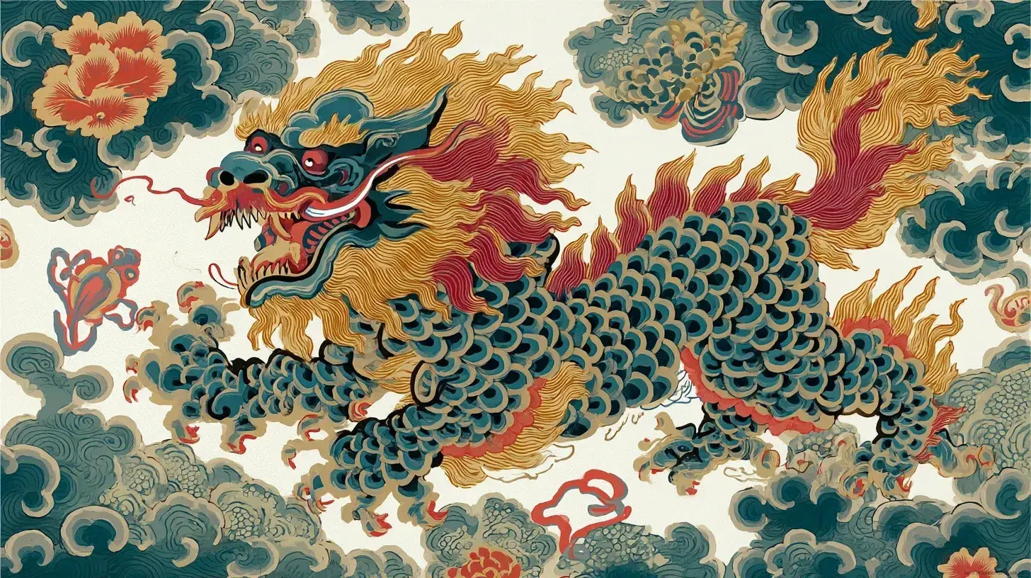 Rouleau de Papier Peint Dragon Chinois Artisanal aux motifs dorés et rouges finement détaillés sur fond noir lacqué, évoquant l'art traditionnel dynastique