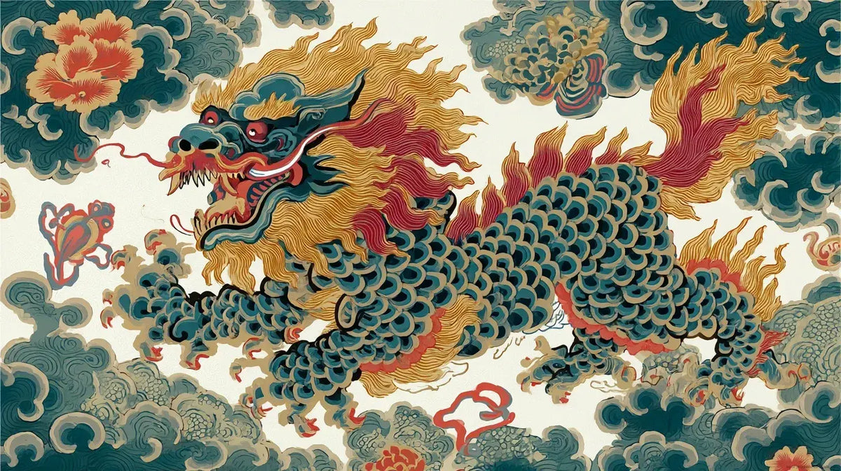 Rouleau de Papier Peint Dragon Chinois Artisanal aux motifs dorés et rouges finement détaillés sur fond noir lacqué, évoquant l'art traditionnel dynastique